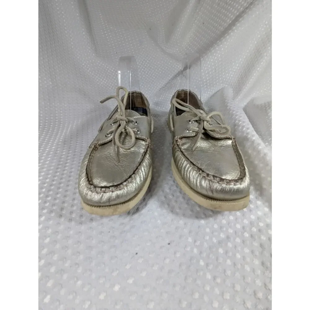 SPERRY TOPSIDER! GOLD GENUINE LEATHER BOAT SHOES NON-MARKING WHITE SOLE! SZ 9.5M